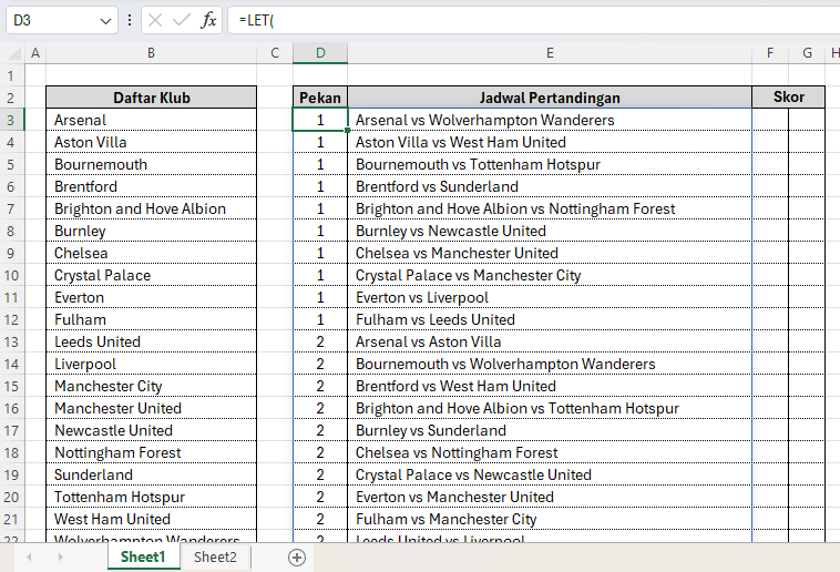 Hasil cara membuat jadwal pertandingan liga di Excel yang pertama