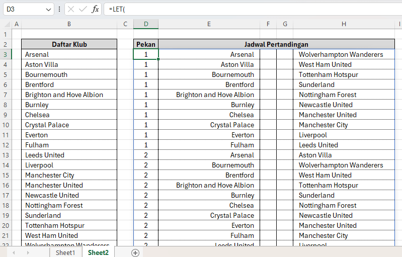 Hasil cara membuat jadwal pertandingan liga di Excel yang kedua