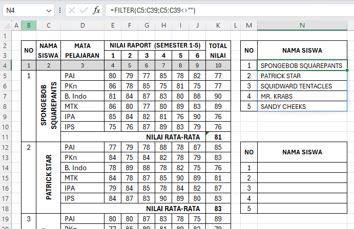 mengambil nama dari merge cell Excel dengan filter