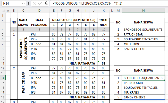 Hasil akhir 2 cara mengambil nama dari merge cell Excel