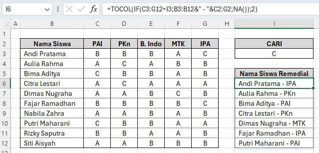 cara menampilkan daftar siswa remedial otomatis di Excel