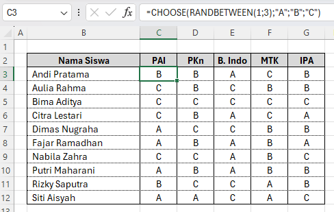 cara membuat nilai acak di Excel dengan choose