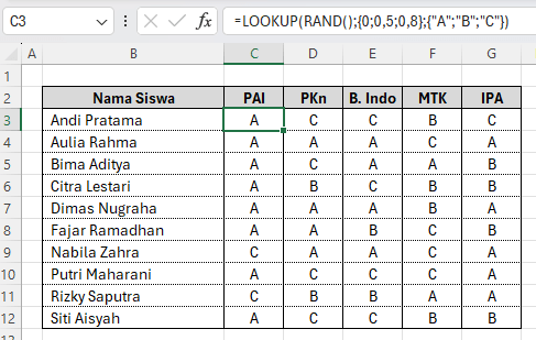 cara membuat nilai acak di Excel dengan lookup