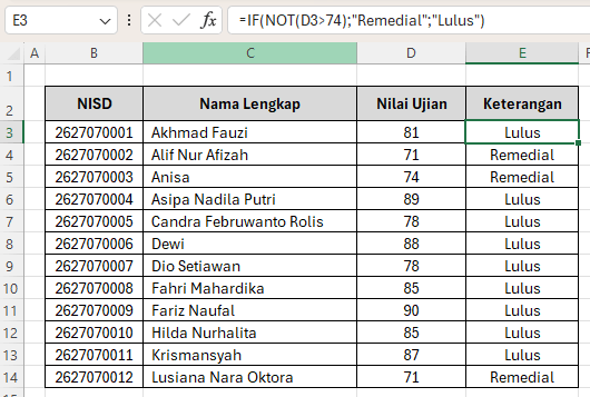 Contoh 1: Rumus IF NOT Excel